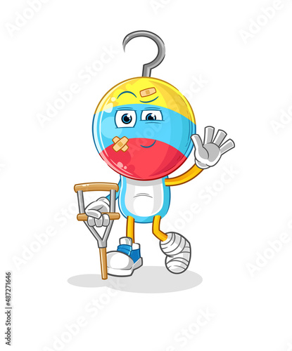 fishing bait head cartoon sick with limping stick. cartoon vector