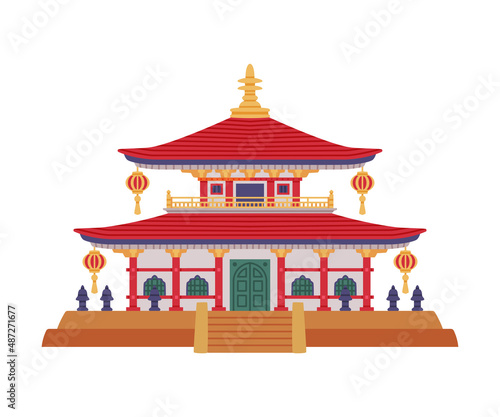 Pagoda as Chinese Tiered Tower with Multiple Eaves and Traditional Building Vector Illustration