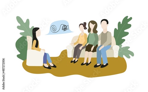 Consultation of a family with a teenager with a psychologist. Discussing the difficulties and problems of adolescence. Professional help in choosing a future career. Flat vector illustration