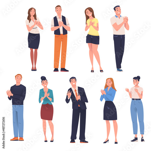 People Character Standing and Clapping Their Hands as Applause and Ovation Gesture Vector Illustration Set