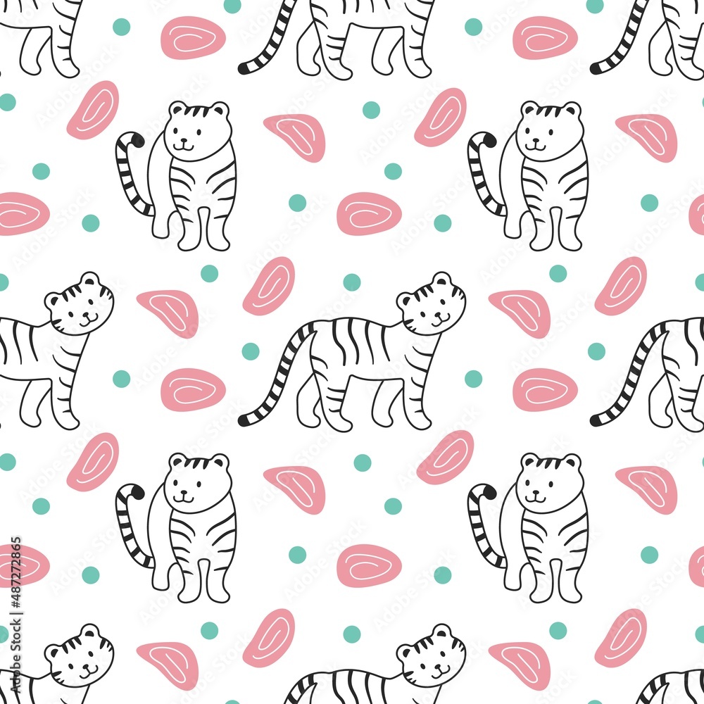 Seamless pattern with simple shaped tigers and abstract elements. Vector textile print, fabric and wrapping paper decor. Ethnic and boho stylized cloth design. Seamless pattern with simple shaped tigers and abstract elements. Vector textile print, fabric and wrapping paper decor. Ethnic and boho stylized cloth design.