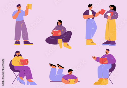 People reading books in club or library, bookcrossing exchange. Happy characters weekend sparetime at home, relaxing, students read literature, prepare for exams, line art flat vector illustration