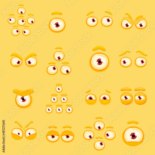 Cartoon monster eyes set vector illustration. Comic cute and creepy monster eyeballs isolated. Angry and scared, cunning and plaintive.