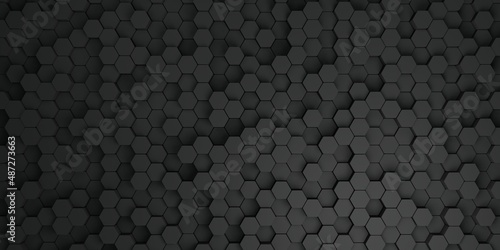 Abstract dark geometric background with hexagons in black colors. 3d render © Gellax