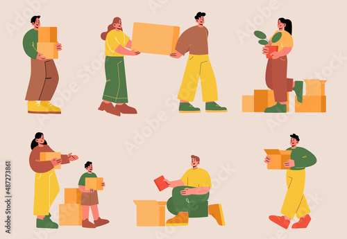 People with boxes, family relocation, moving into new house. Men, women, kids characters packing stuff and potted plants into cardboards, relocate, leave home, Line art flat vector illustration, set