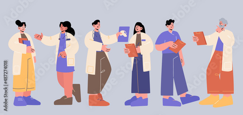 Doctors and nurses hospital staff, medical healthcare team wear white robe holding clipboards, x-ray or stethoscopes. Medicine characters in uniform, clinic personnel Line art flat vector illustration