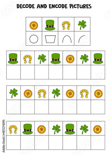 Decode and encode pictures. Write the symbols under cute saint Patrick day elements.
