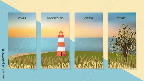 Set of templates for stories,social media banners mock up. Lighthouse on a sand beach, grass and tree, beautiful sea sunset.