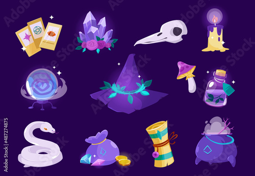 Witch hat, magic crystals, bottle with potion, bird skull, cauldron and tarot cards. Vector cartoon set of esoteric objects, witchcraft equipment, snake, mushroom, candle and scroll with spell