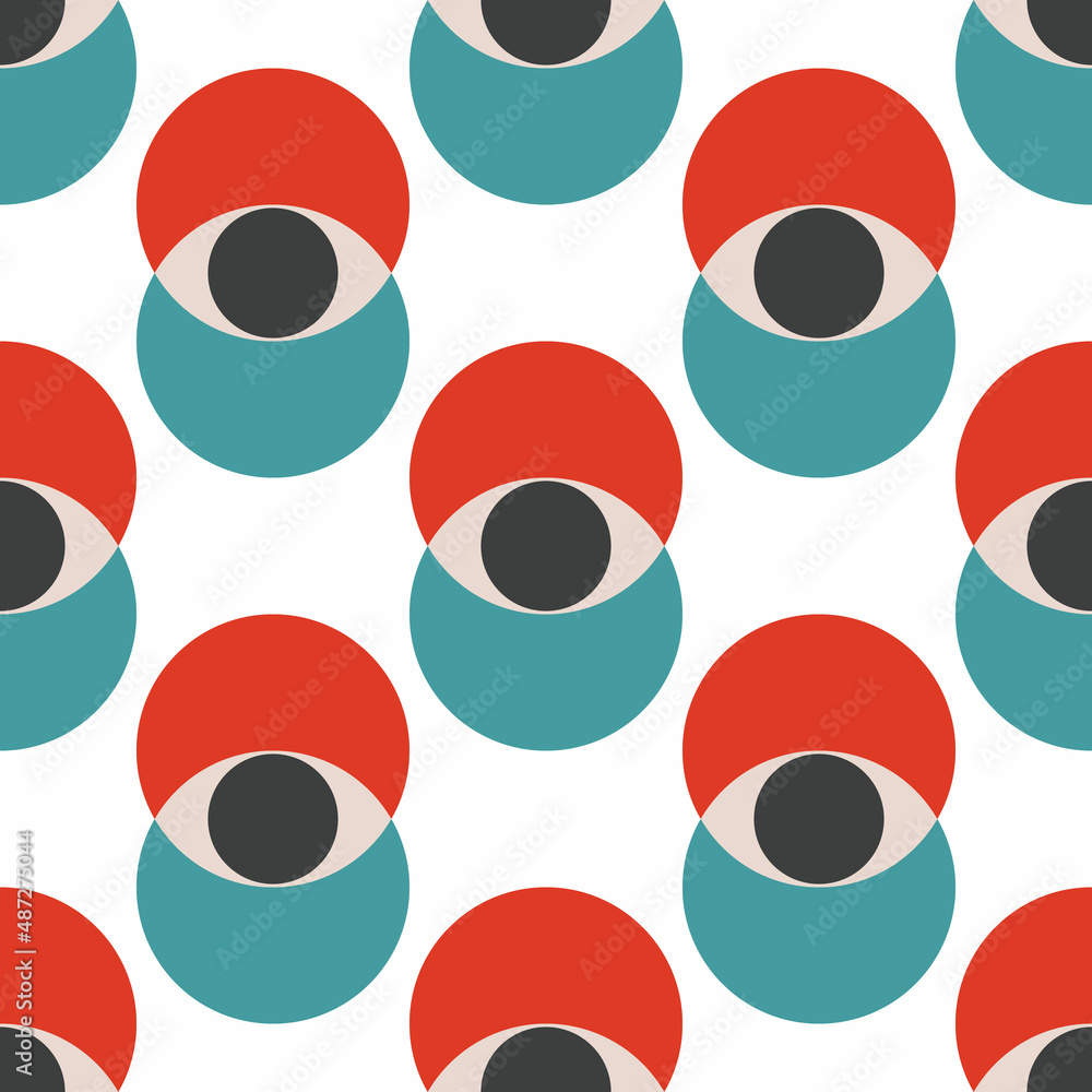 Seamless pattern with minimal 20s geometric design with eyes, vector template with primitive shapes elements, modern hipster style Seamless pattern with minimal 20s geometric design with eyes, vector template with primitive shapes elements, modern hipster style