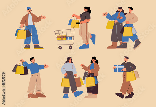 Sale and shopping people set, isolated customers male and female characters carry bags, buyers buying purchases and gifts in store, riding trolley in supermarket, Flat vector line art illustration