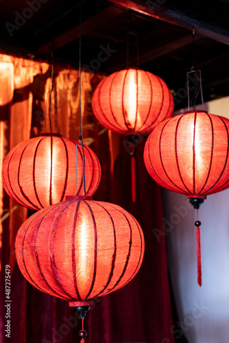Red lanterns inside a restaurant in Hoi An  Cambodia