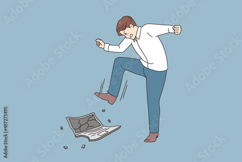 Angry male employee or worker crash laptop feel exhausted overwhelmed with job. Mad furious businessman break computer suffer from work stress or breakdown. Vector illustration.