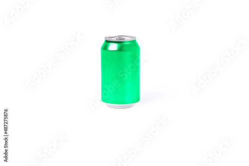 Green aluminum can on a white background. Drink concept