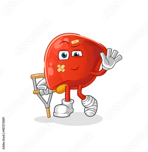 liver sick with limping stick. cartoon mascot vector