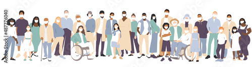 People of different ethnicities stand side by side together. People in white medical face masks. Flat vector illustration.