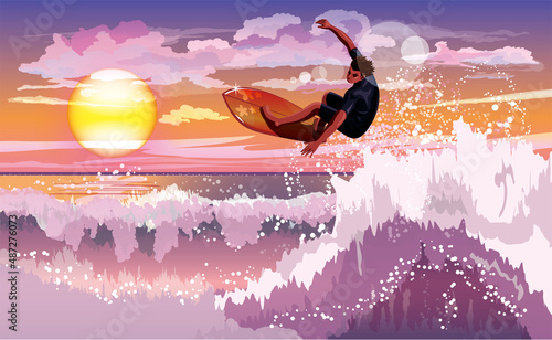 海でサーフィンをしている男性のイメージイラスト（夕陽）