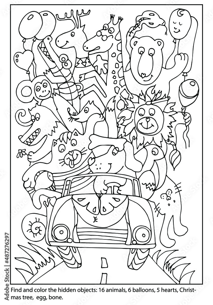 Find and color the hidden objects. Animal ride by car. Vacation. Puzzle game for kids. Printable education worksheet. Sketch vector illustration.