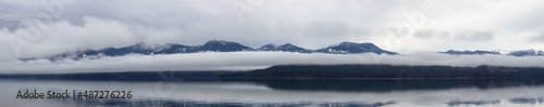 Panoramic view of Harrison Lake with mountains in background. Canadian Nature Background Panorama. British Columbia, Canada. © edb3_16