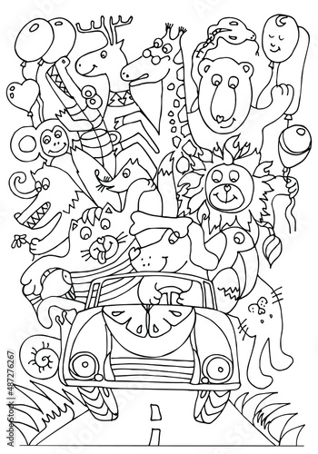 Coloring page for kids. Animal ride by car. Vacation. Printable education worksheet. Sketch vector illustration.