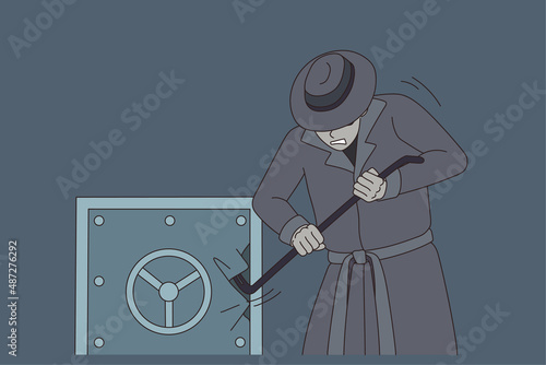 Male criminal break vault for money robbery in office. Man thief or villain rob strongbox with stick. Crime and burglary concept. Finance safety problem. Flat vector illustration. 