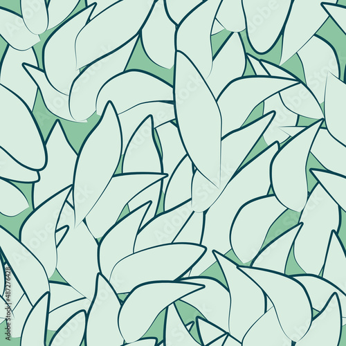 Seamless pattern of light green abstract leaves on a dark green background for textile.