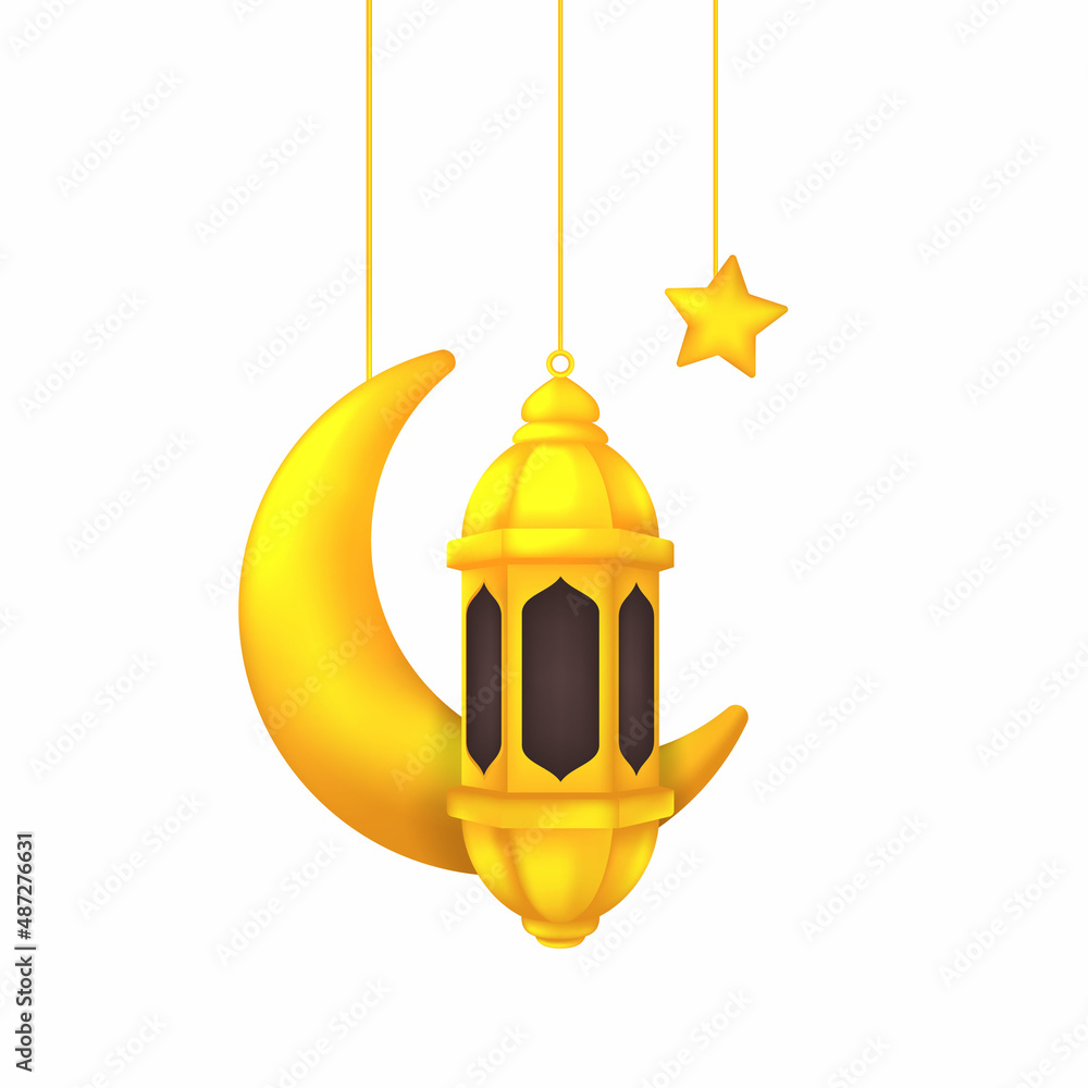 Golden Crescent Moon With Lantern Arabian Style Vector Isolated Golden Crescent Moon With Lantern Arabian Style Vector Isolated