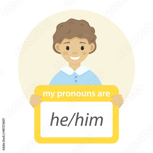 Boy holding sign with gender pronoun. He him pronouns. Isolated on white background.