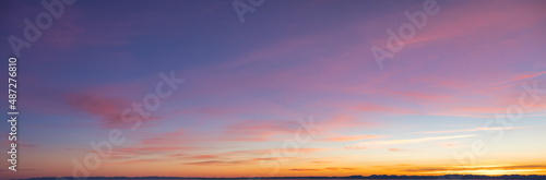 Beautiful Panoramic View of colorful cloudscape with blue Sky in Background during a sunny winter sunset. Taken in Vancouver, British Columbia, Canada.