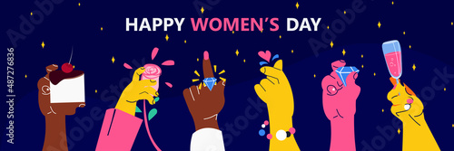 set mix race female hands international happy womens day celebration concept 8th march greeting card