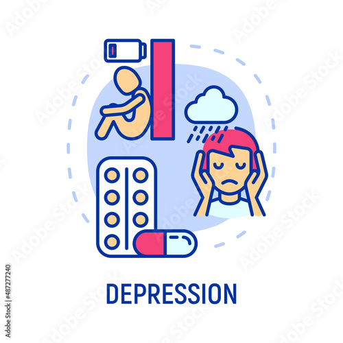 Depression concept with thin line icons, working fatigue, loneliness, scared man. Mental disease. Vector illustration.