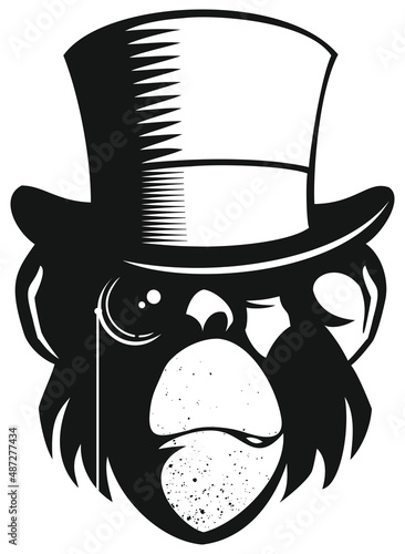 Cartoon style monkey character with cylinder hat, isolated on white background.