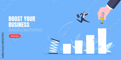 Business mentor helps to improve career with springboard vector illustration. Business person jumps above career ladder graph. Success growth, motivation opportunity, boost career concept. photo