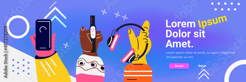 mix race hands using different gadgets digital addiction social media communication concept