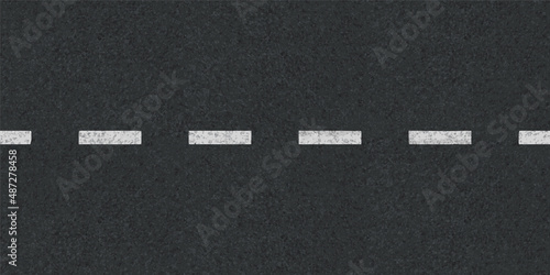 Road, highway with dotted line top view background. Two lane asphalt pathway with white markup, horizontal seamless backdrop, traffic route, direction and navigation, Realistic 3d vector illustration
