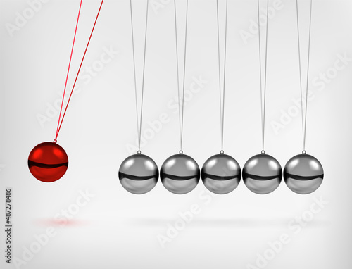 Newton's cradle pendulum with swinging spheres red metal ball 3d realistic vector illustration. Hanging balancing balls of newtons cradle science business gadget leadership or communication concept.