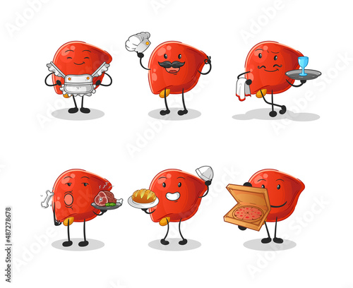 liver restaurant group character. cartoon mascot vector