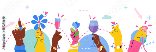 mix race hands holding glasses of champagne international happy womens day celebration concept 8th march