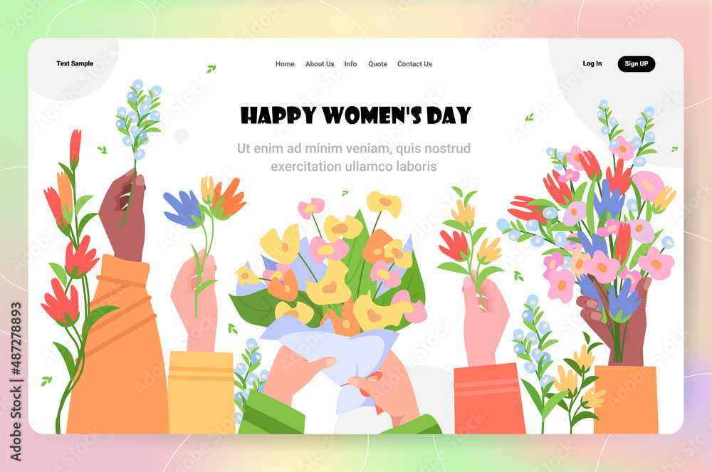 Fototapeta premium mix race hands holding flower bouquets 8 march happy international womens day celebration concept