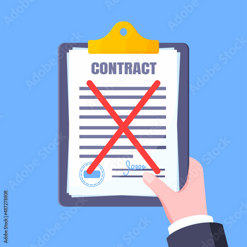 Contract cancellation business concept. Hand holds clipboard with Terminated tearing contract paper sheet breach flat style design vector illustration isolated on white background.