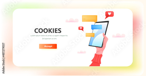 hand using smartphone protection of personal information internet web pop up we use cookies policy notification