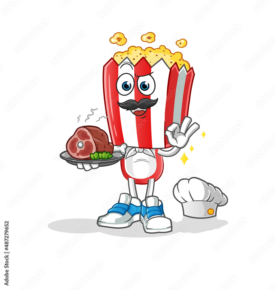 Obraz premium popcorn head cartoon chef with meat mascot. cartoon vector