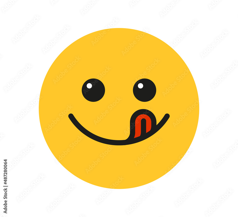 Fototapeta premium Yummy smile emoji with tongue lick mouth. Delicious tasty food symbol for social network. Yummy and hungry icon. Savory gourmet. Enjoy food sign. Vector illustration isolated on white background.