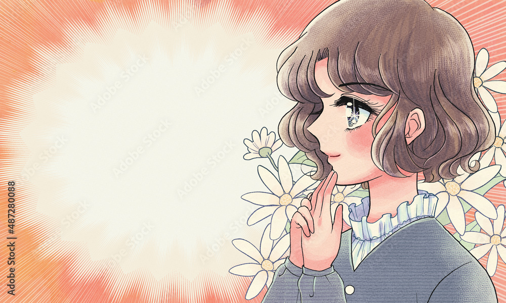 昭和の少女漫画風・笑顔の少女と花のバナー