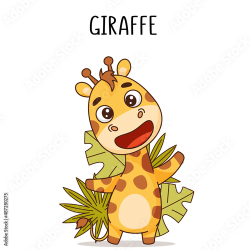 Laughing giraffe stands and waves near leaves and bushes. Vector illustration for designs, prints and patterns. Isolated on white background