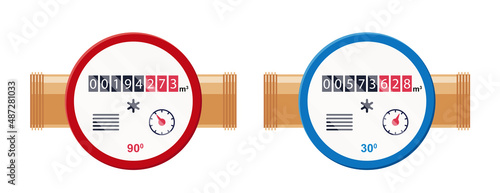 Water meter. Automatic meters for cold and warm water. Household or industrial measuring sanitary equipment in flat style. Vector illustration isolated on white background.