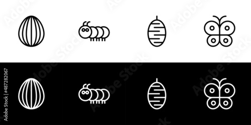 Butterfly life cycle icon. Flat design icon collection isolated on black and white background. Egg, caterpillar, chrysalis, and adult butterfly.