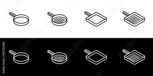 Frying and grill pan icon set. Flat design icon collection isolated on black and white background. Rectangular and round pan.