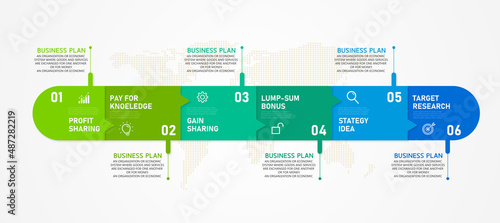 This vector infographic label template with 6 icon options can be used for business info graphics, learning, flowcharts, presentations, websites, banners, print media.