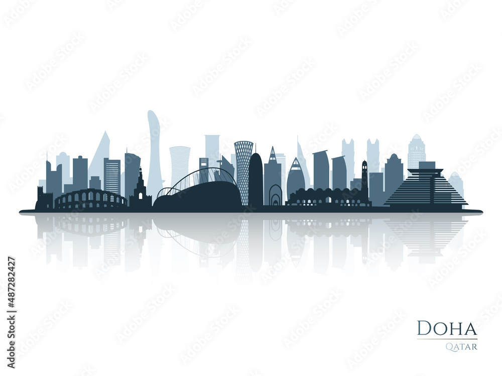 Doha skyline silhouette with reflection. Landscape Doha, Qatar. Vector illustration.